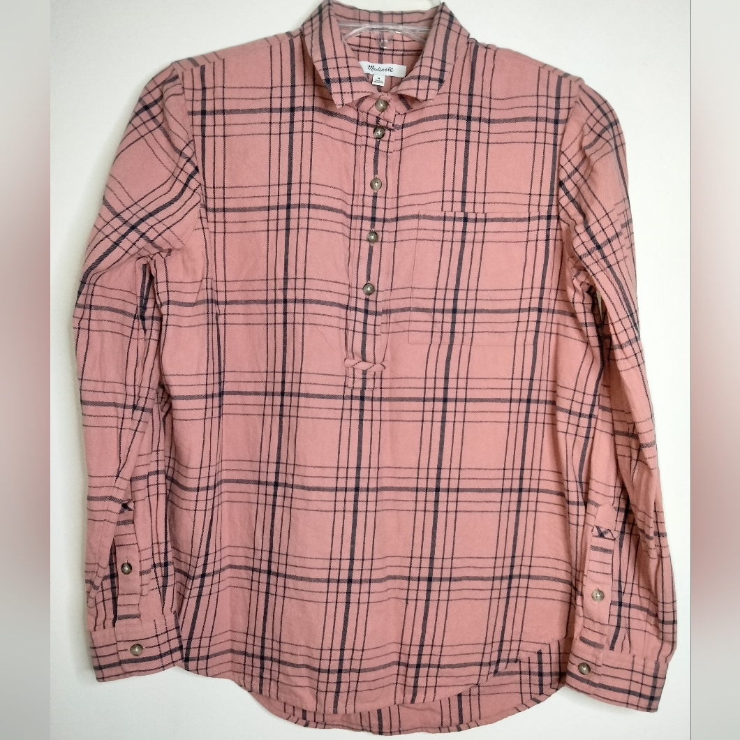 Madewell (Size M) Rose Pink & Plaid 100% Cotton Button Front Ls Popover Shirt
